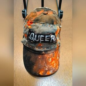 QUEER Camo Bleach Dyed Splatter Painted Hat (neon orange and camo)